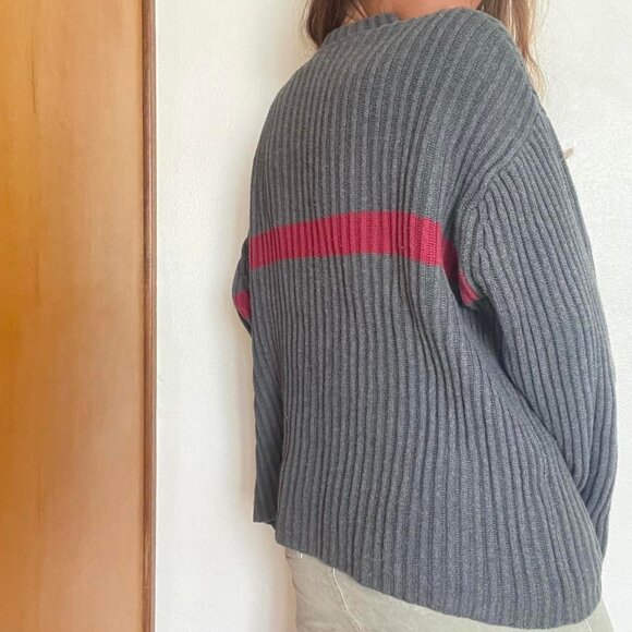 Iconic ribbed asymmetrical sweater with button detail dark navy and brownish col - Picture 2 of 5